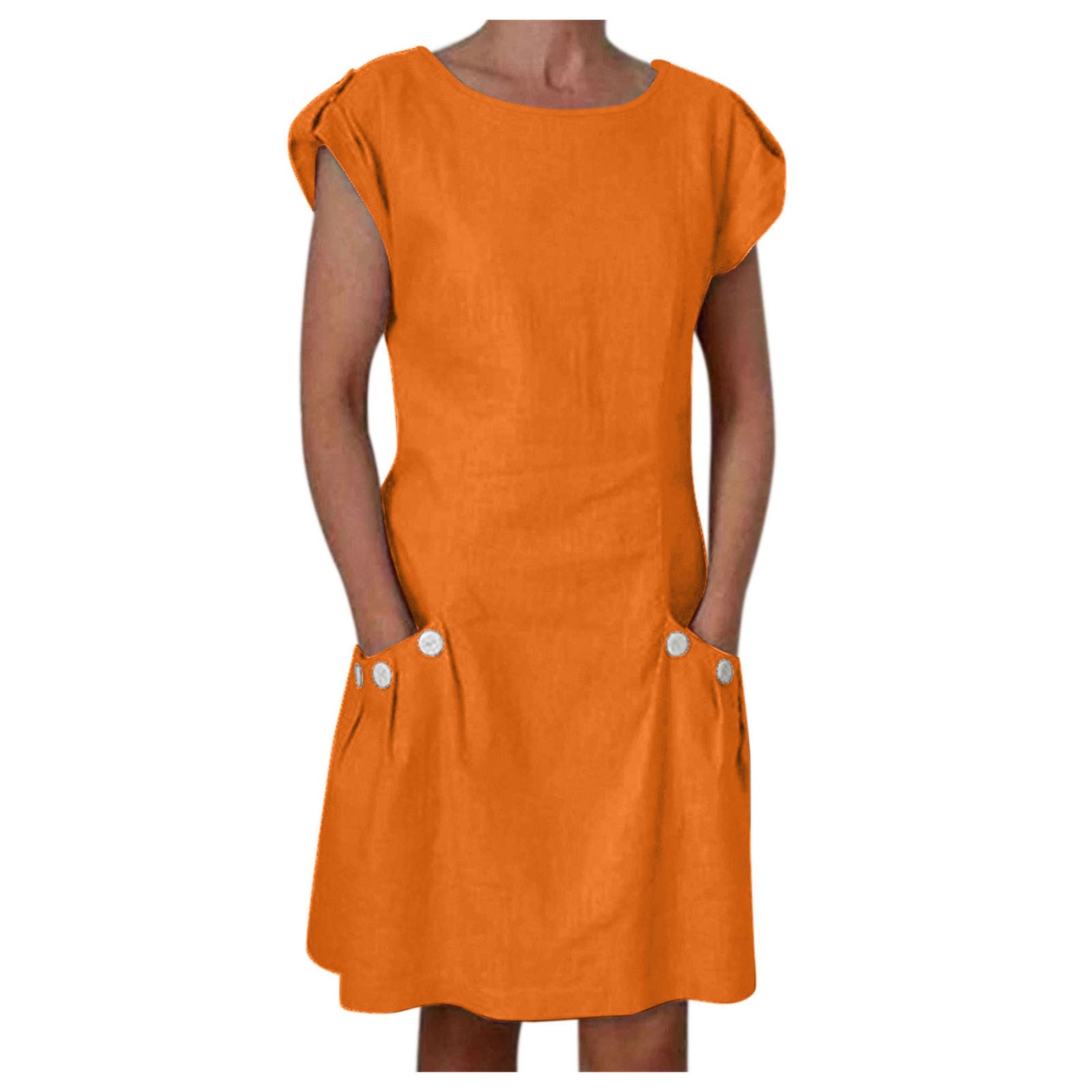 thumbnail image 5 of Vestido informal de mujer con cuello redondo, manga corta, botones, color liso y bolsillos, corte holgado y largo mini, 5 of 8